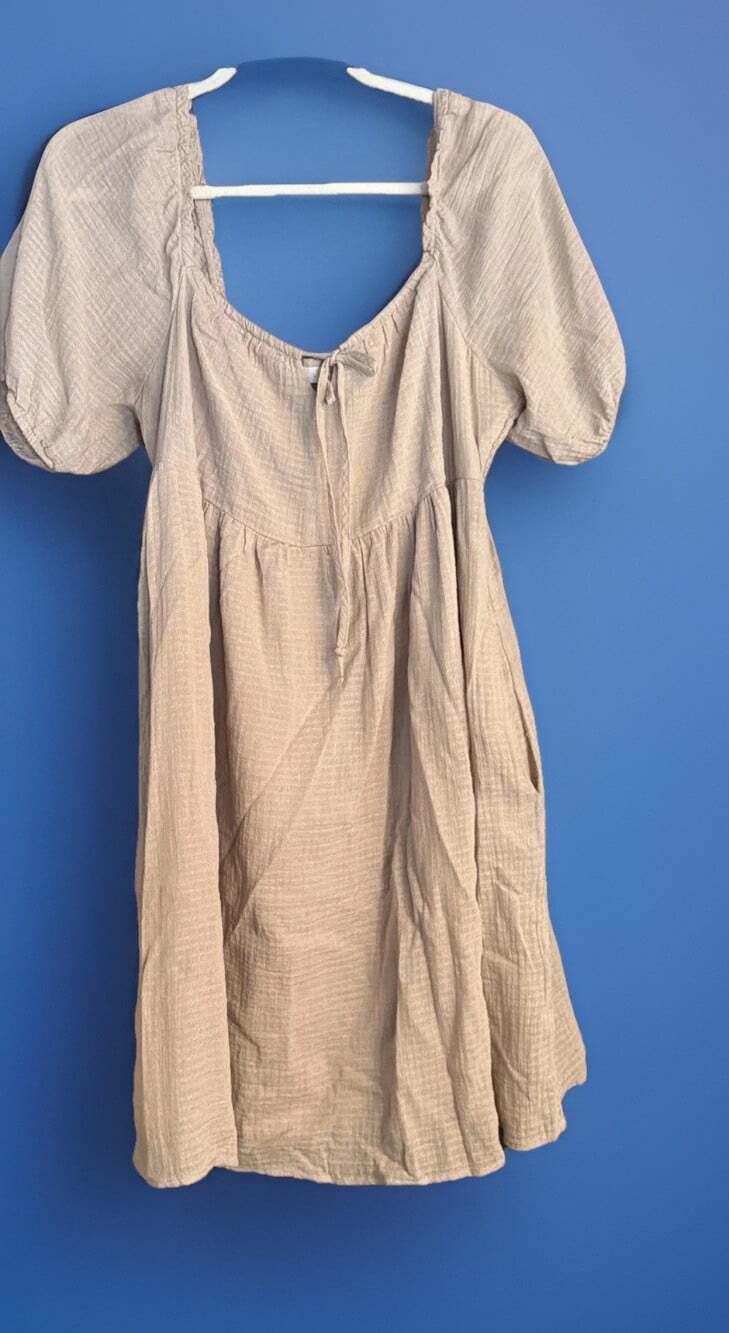Beige Baby Doll Boho Smocked Mini Dress Pockets Puff Sleeve Peasant Minimalist L
